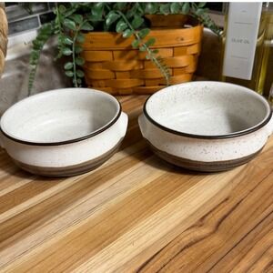 Vintage Rego Speckled Stoneware Soup Bowls with Lug Handles Brown Cream Set of 2